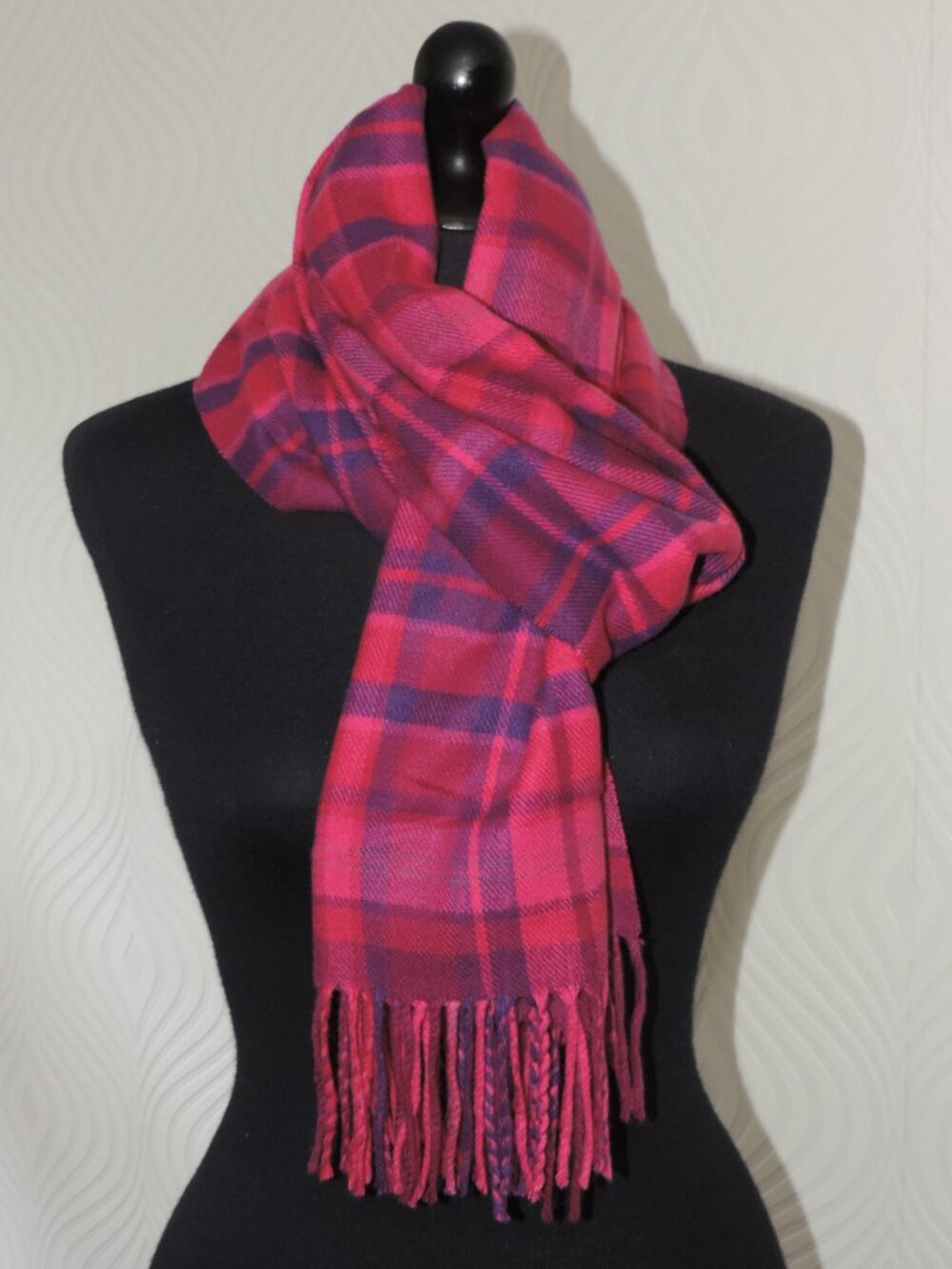 LANDS' END Cashmere Touch Scarf Pink Blue Plaid 15" x 64" plus fringe